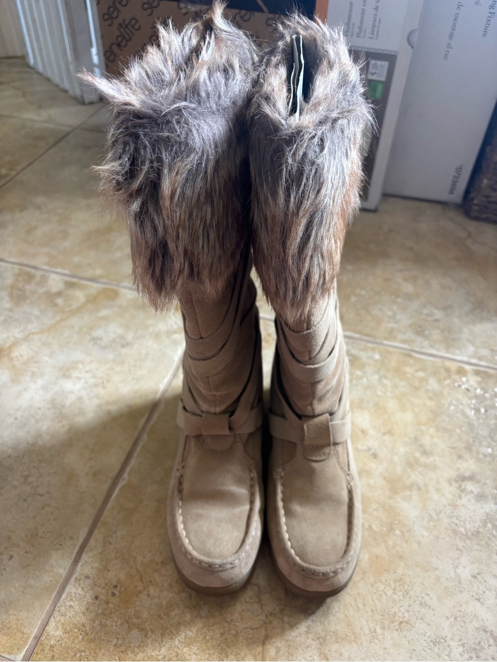 Vintage Report Tan Suede Winter Boots with Faux Fur Cuff
